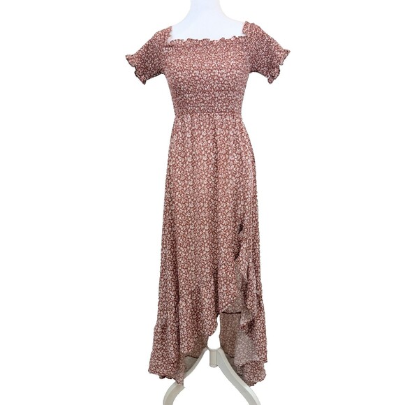 Mi Ami Dresses & Skirts - Mi Ami Womens Small Floral Smocked Midi Dress Rust Red White Off Shoulder Boho